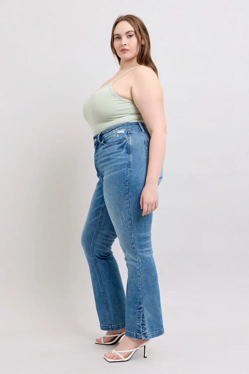 Judy Blue HW Tummy Control Vintage Wash Side Slit Slim Boot Jeans - Brittney MADE