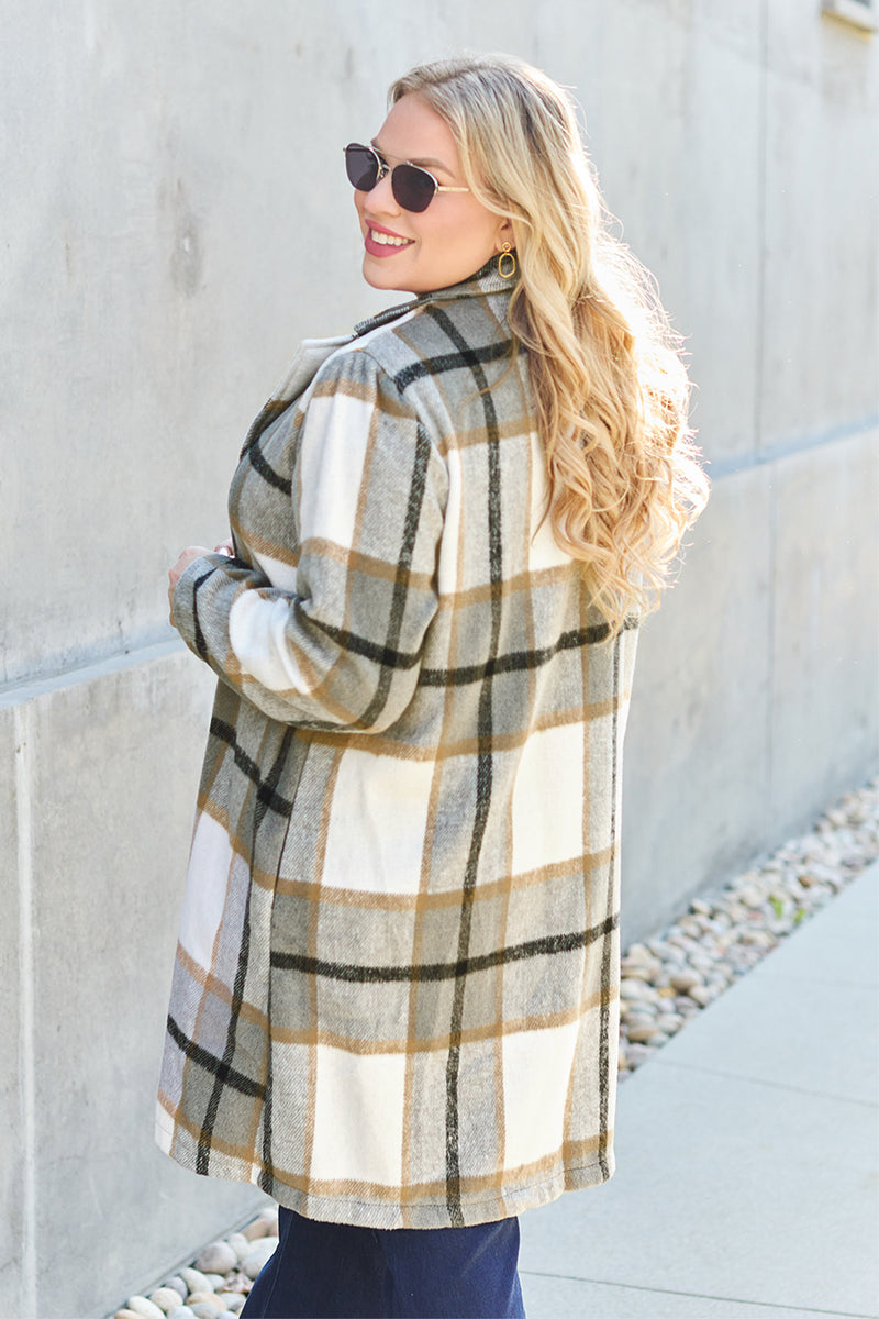 Double Take Full Size Plaid Button Up Lapel Collar Coat - Brittney MADE