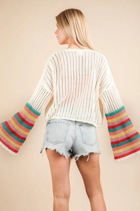 VERY J Color Block Bell Sleeve Openwork Cardigan - Brittney MADE