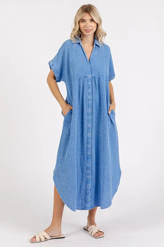 Mittoshop Mineral Wash V Neck Button Up Midi Shirt Dress - Brittney MADE