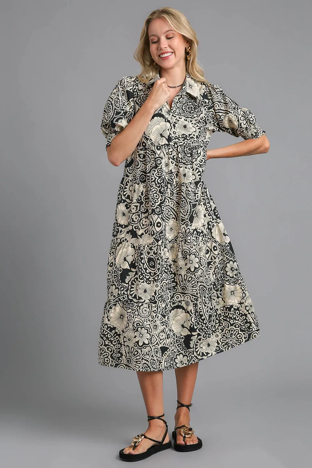 Umgee Full Size Printed Smocked Cuff Puff Sleeve Midi Dress Plus Size - Brittney MADE