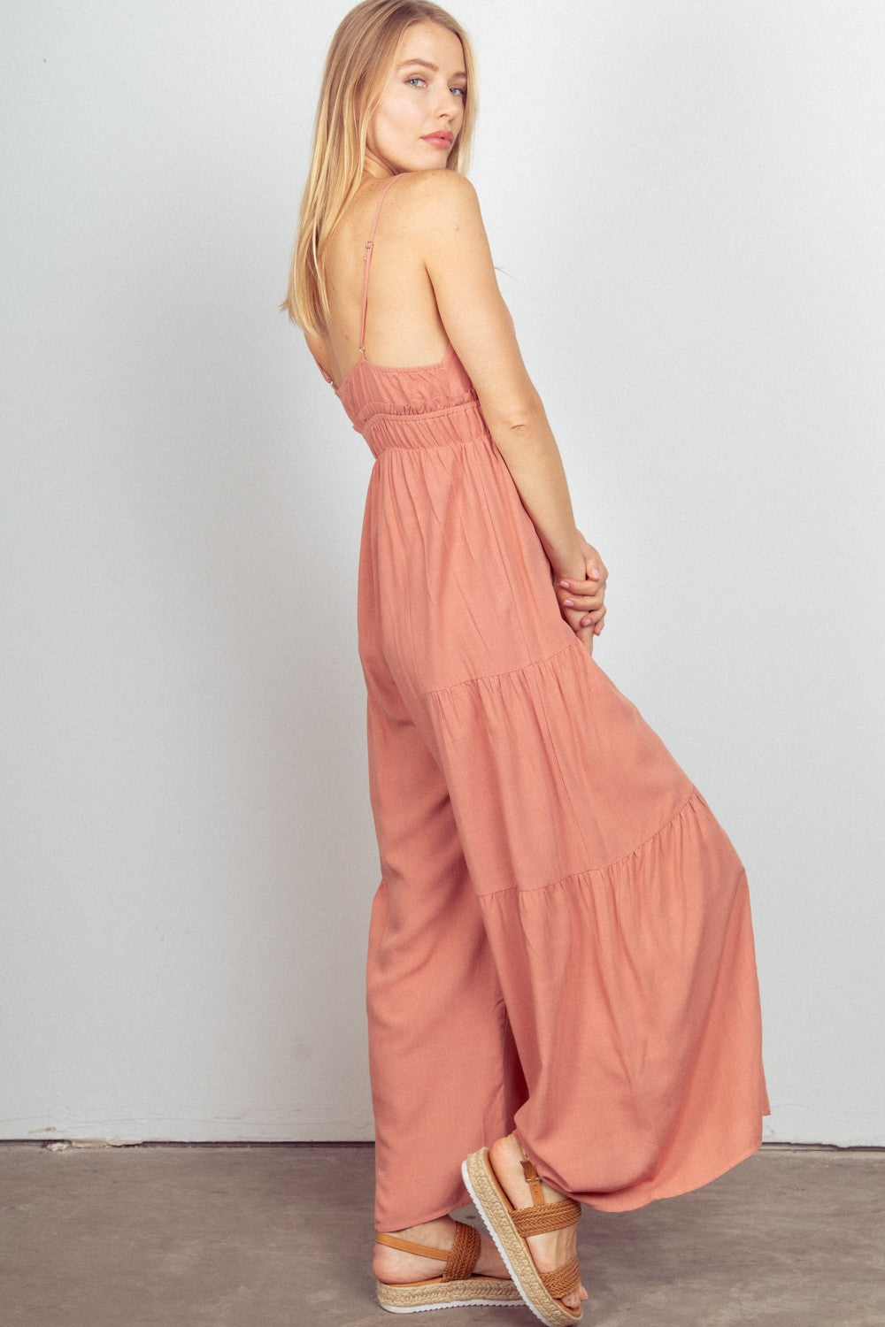 VERY J Sleeveless Ruched Wide Leg Jumpsuit - Brittney MADE