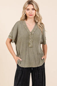 Mittoshop Mineral Wash Henley Short Sleeve Waffle Knit Top - Brittney MADE