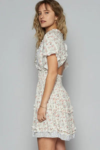 POL Cutout Back Frill Floral V-Neck Short Sleeve Mini Dress - Brittney MADE