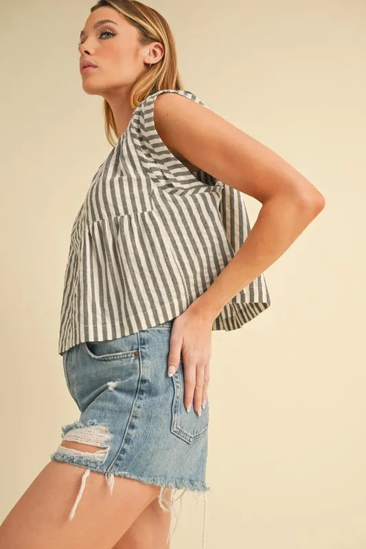 Aemi+Co Ruched Striped Round Neck Sleeveless Top - Brittney MADE
