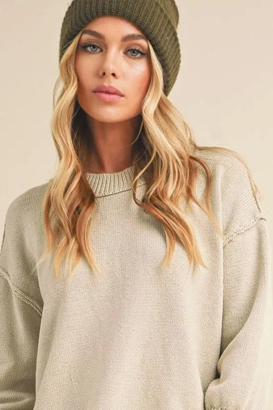 Aemi+Co Ribbed Hem Exposed Seam Round Neck Sweater - Brittney MADE