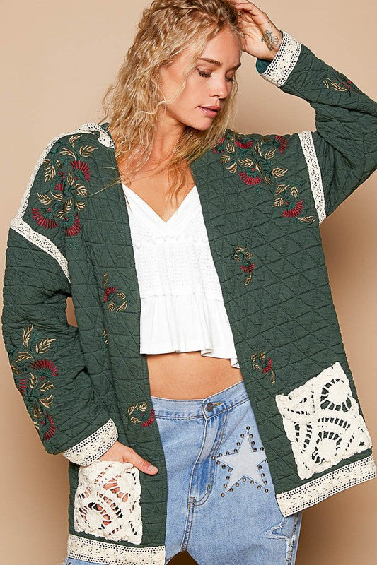 POL Embroidered Open Front Quilted Jacket with Crochet Pockets - Brittney MADE