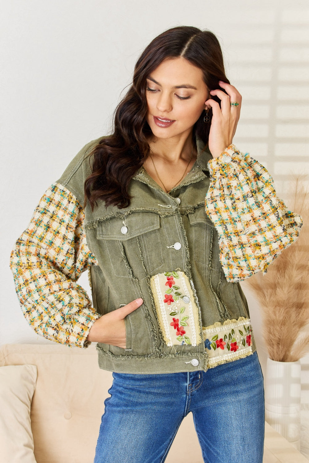 POL Embroidered Button Down Raw Hem Shacket - Brittney MADE