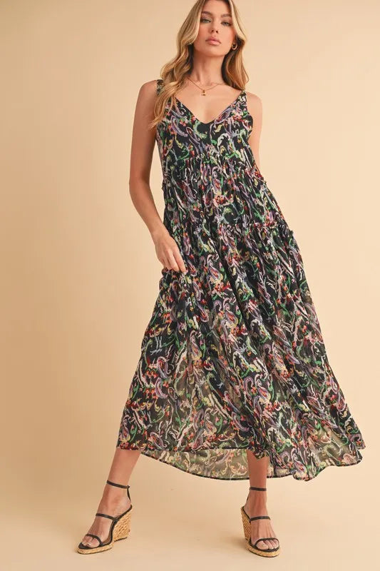 Aemi + Co Printed V-Neck Frill Tiered Cami Dress - Brittney MADE