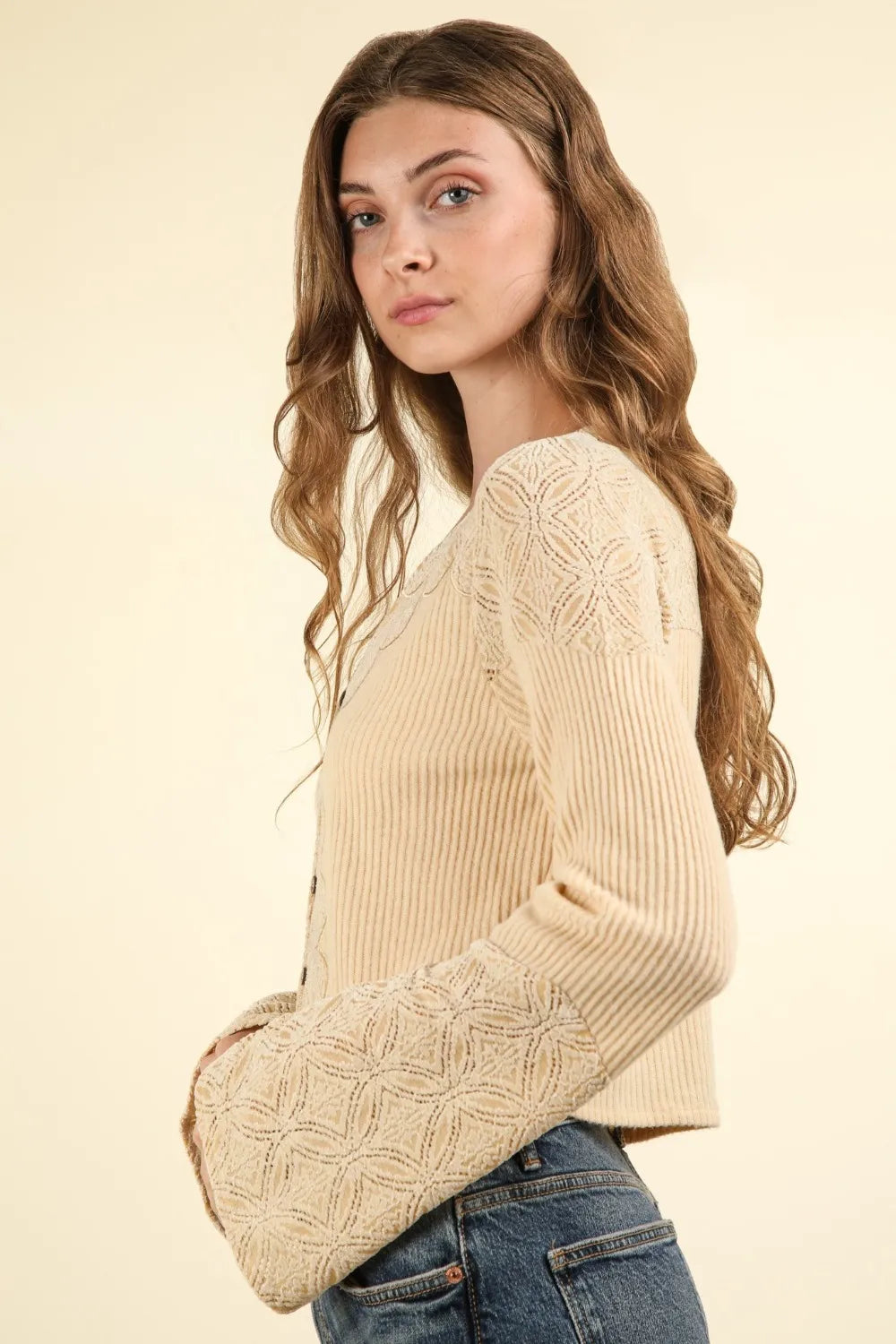VERY J V-Neck Lace Detail Button Down Crop Ribbed Knit Top - Brittney MADE