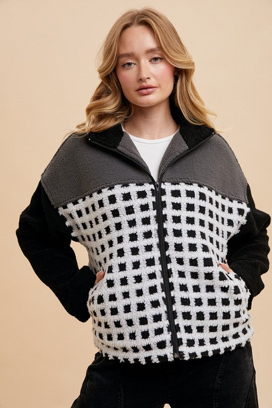 Annie Wear Plaid Zip Up Drop Shoulder Sherpa Jacket - Brittney MADE