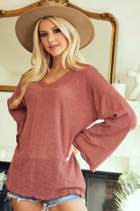 BiBi Side Slit Ribbed Knit V-Neck Knit Top - Brittney MADE