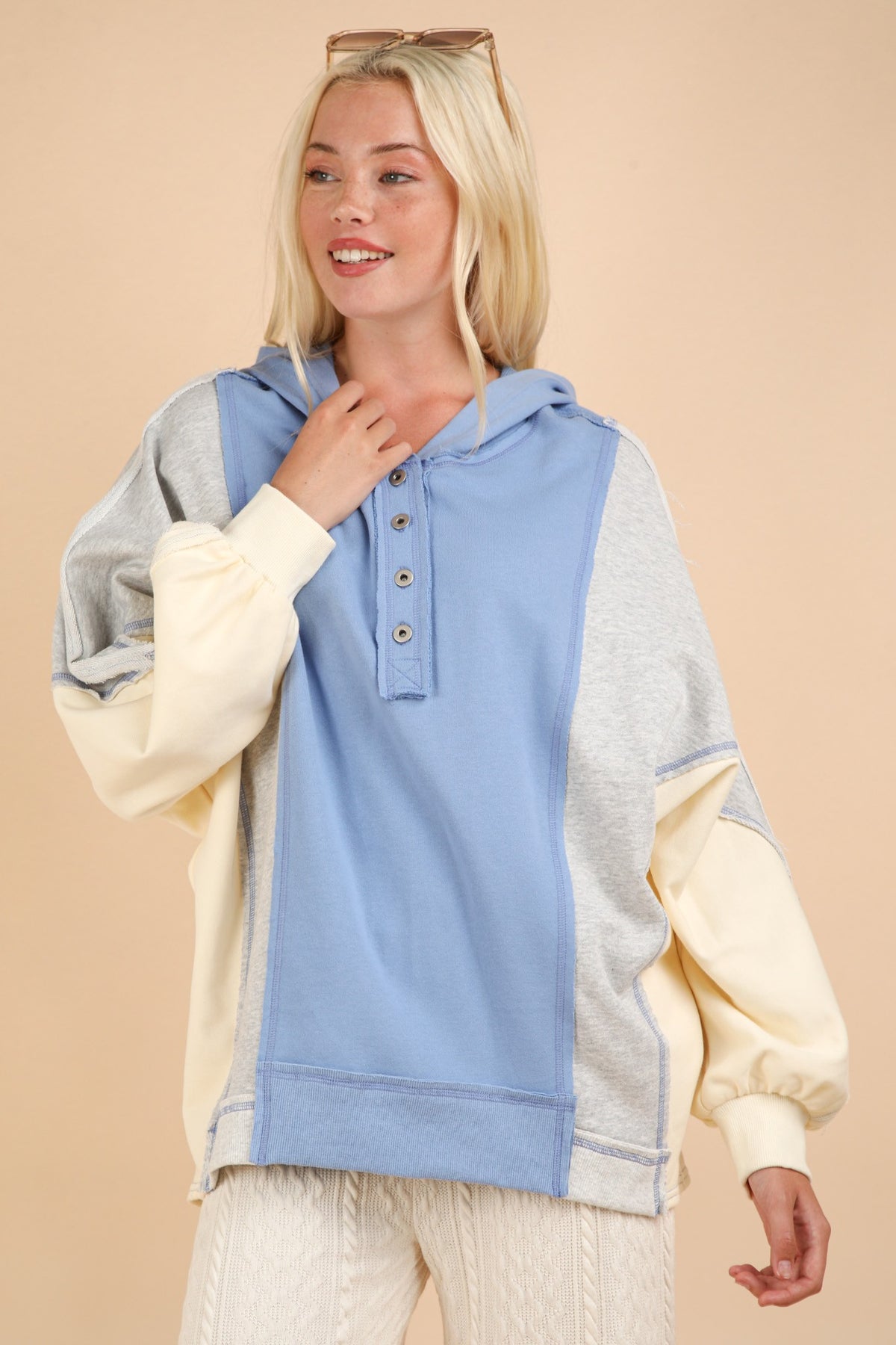 VERY J Exposed Seam Color Block Half Button Hoodie - Brittney MADE