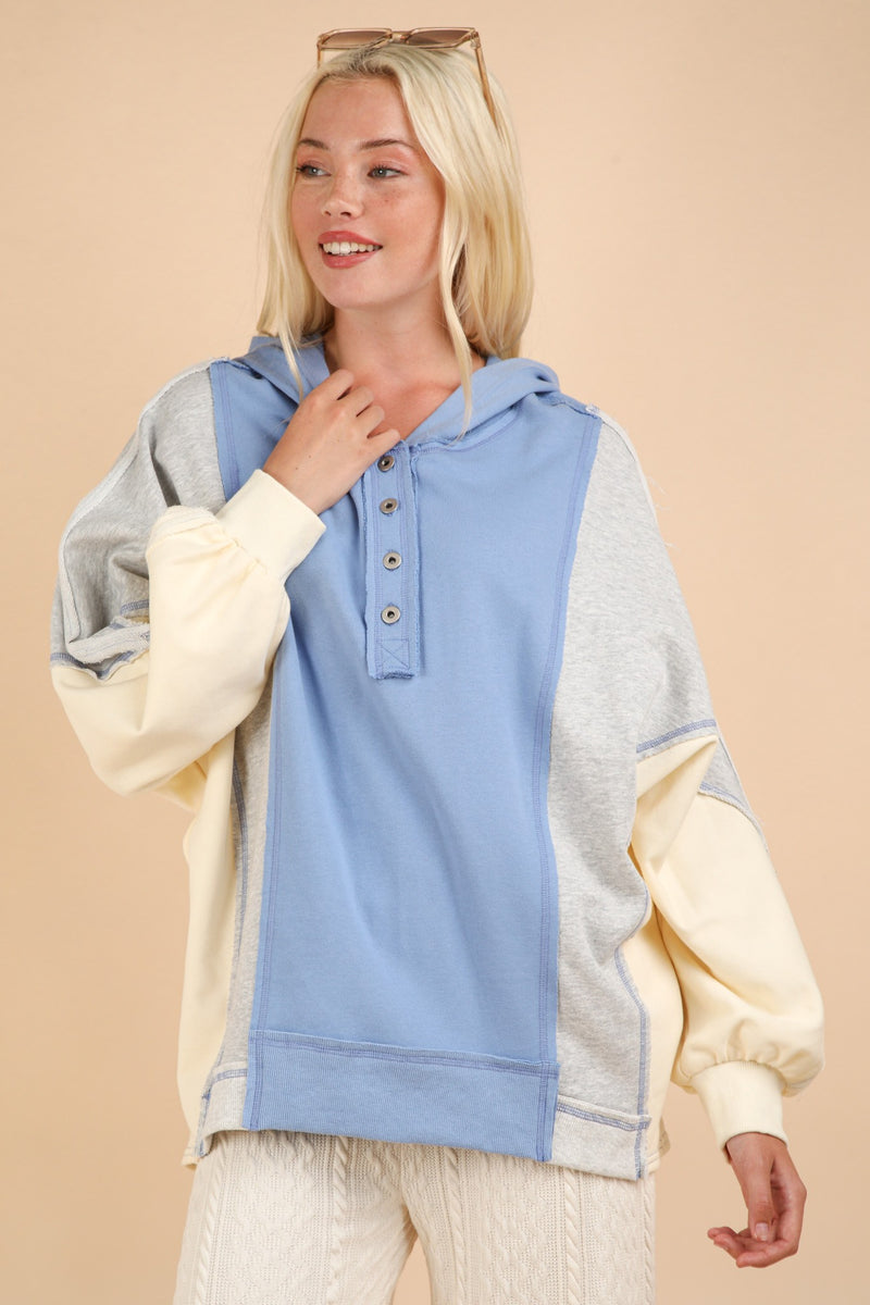 VERY J Exposed Seam Color Block Half Button Hoodie - Brittney MADE