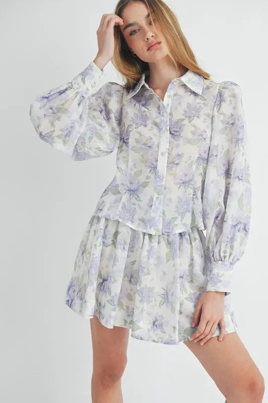 MABLE Floral Print Button Down Blouse and Mini Skirt Set - Brittney MADE