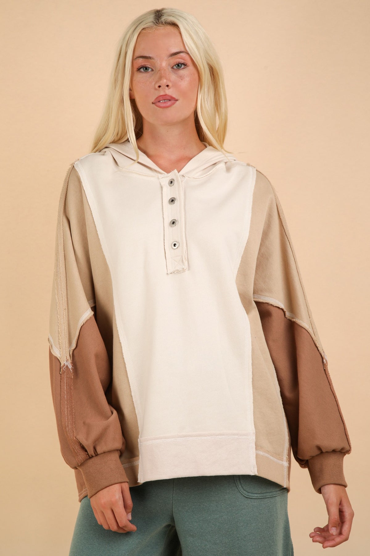 VERY J Exposed Seam Color Block Half Button Hoodie - Brittney MADE