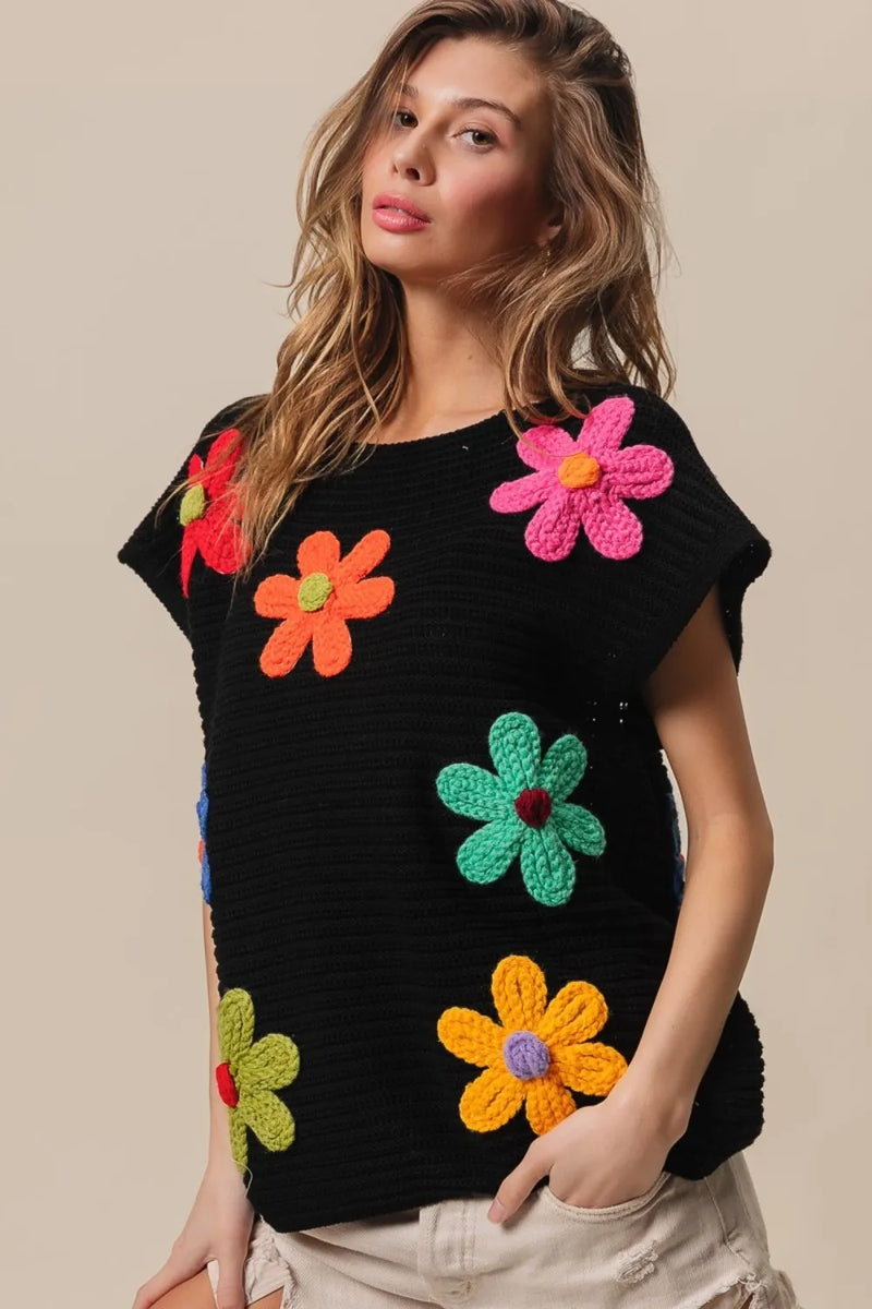 BiBi Flower Round Neck Cap Sleeve Knit Top - Brittney MADE