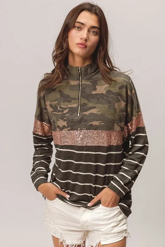 BiBi Camouflage French Terry Knit Top - Brittney MADE