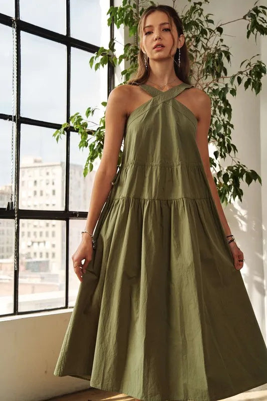 ADORA Crisscross Wide Strap Drawstring Detail Midi Dress - Brittney MADE