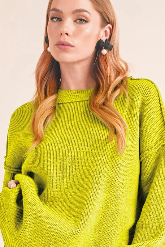 Aemi+Co Ribbed Hem Exposed Seam Round Neck Sweater - Brittney MADE