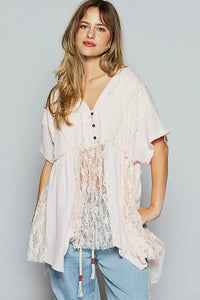 POL Lace Trim V-Neck Short Sleeve Knit Top - Brittney MADE