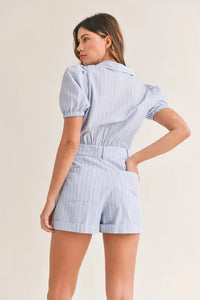 MABLE Striped Puff Sleeve Collared Neck Romper - Brittney MADE