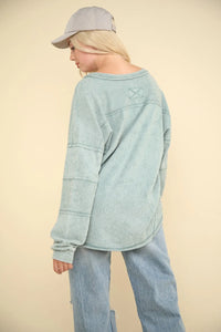 VERY J Washed V-Neck Exposed Seam Knit Top - Brittney MADE