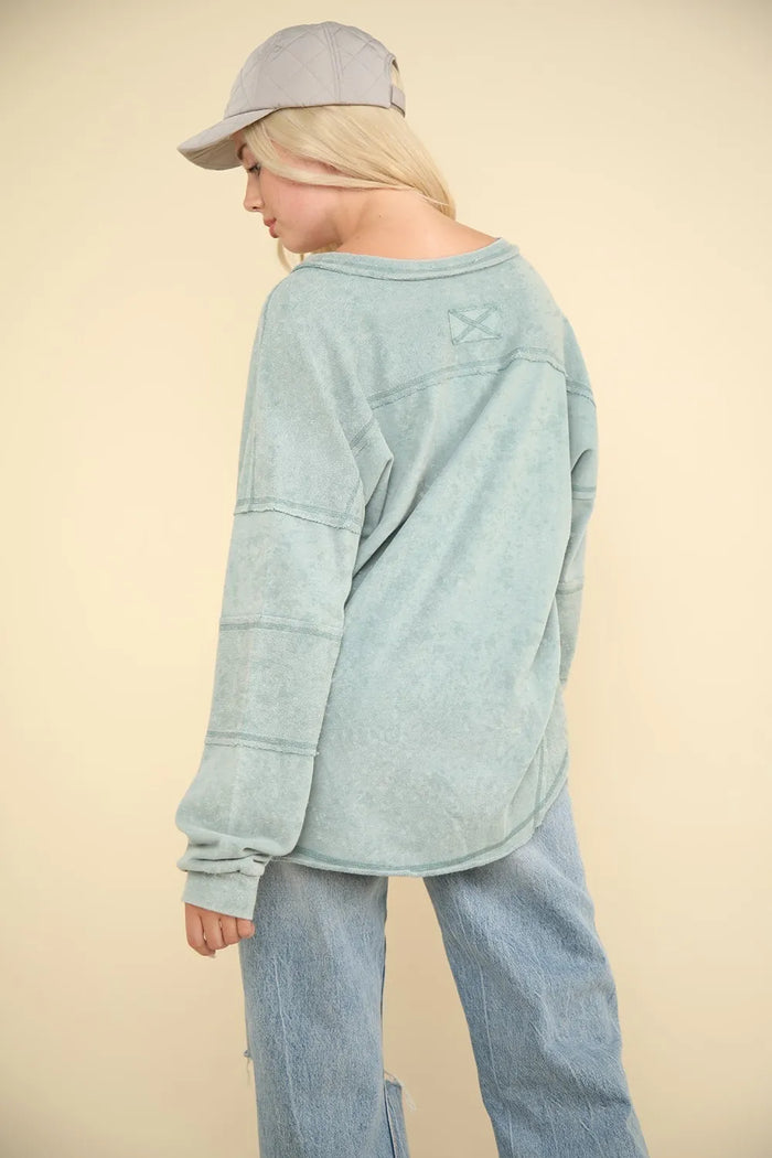 VERY J Washed V-Neck Exposed Seam Knit Top - Brittney MADE