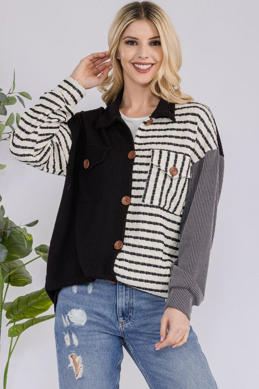 Celeste Full Size Striped Button Up Dropped Shoulder Shacket - Brittney MADE
