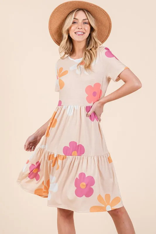 BOMBOM Floral Round Neck Short Sleeve Tiered Dress - Brittney MADE
