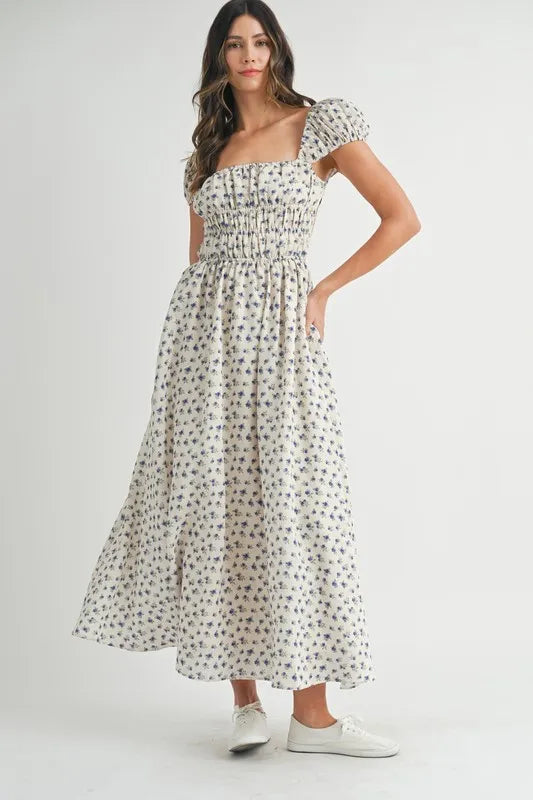 MABLE Floral Print Puff Sleeve Gathered Midi Dress - Brittney MADE