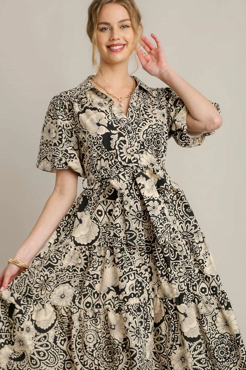Umgee Full Size Mixed Print A-Line Tiered Midi Dress Plus Size - Brittney MADE