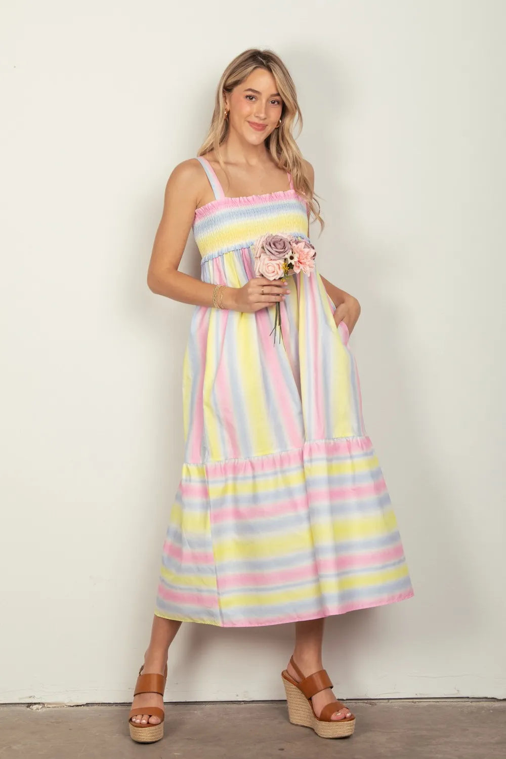 VERY J Striped Woven Smocked Midi Cami Dress - Brittney MADE