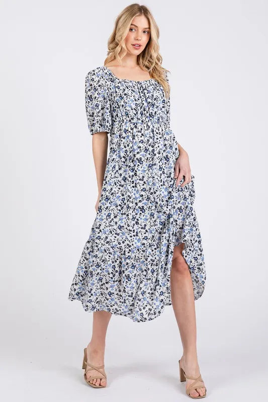 Ces Femme Floral Square Neck Puff Sleeve Midi Dress - Brittney MADE
