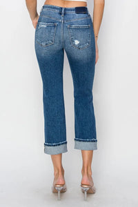 RISEN Full Size Cuffed Ankle Distressed Straight Jeans - Brittney MADE