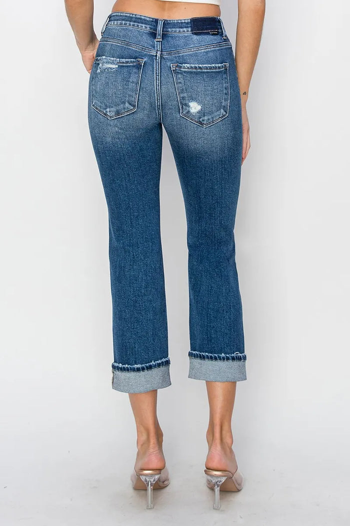 RISEN Full Size Cuffed Ankle Distressed Straight Jeans - Brittney MADE