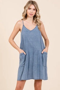 Mittoshop Washed Patch Pocket Mini Cami Denim Dress - Brittney MADE