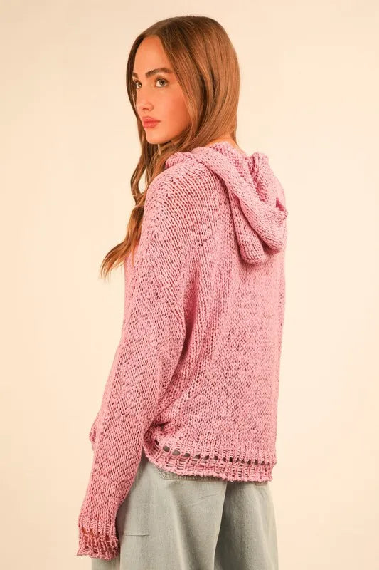 VERY J Oversized Openwork Lace Up Hooded Sweater - Brittney MADE