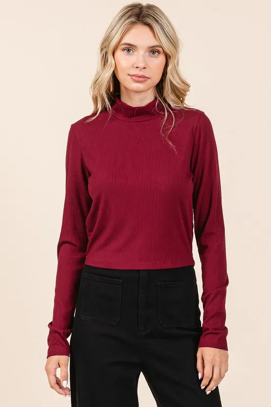Mittoshop Mock Neck Rib Knit Long Sleeve Crop Top - Brittney MADE