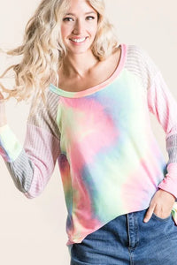 BiBi Tie Dye Terry Top with Color Block Pointelle Knit - Brittney MADE