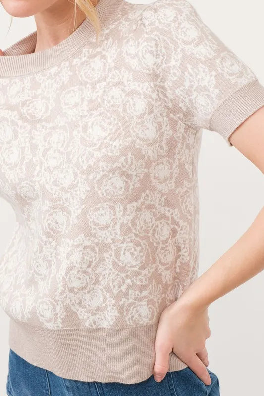 And The Why Short Sleeve Rose Pattern Knit Top - Brittney MADE