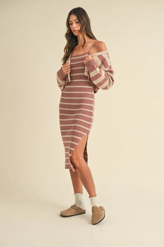 MABLE Stripe Crop Cardigan and Bodycon Dress Sweater Set - Brittney MADE