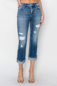 RISEN Full Size Cuffed Ankle Distressed Straight Jeans - Brittney MADE