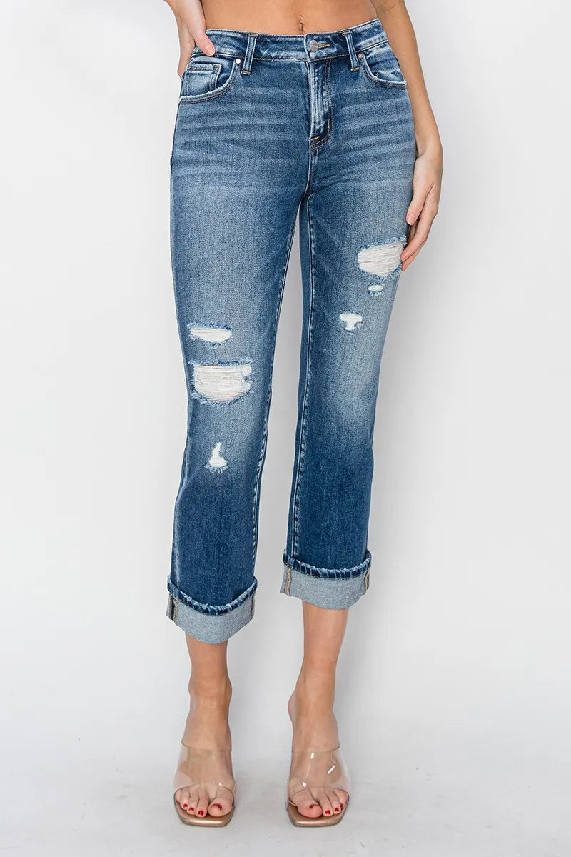RISEN Full Size Cuffed Ankle Distressed Straight Jeans - Brittney MADE