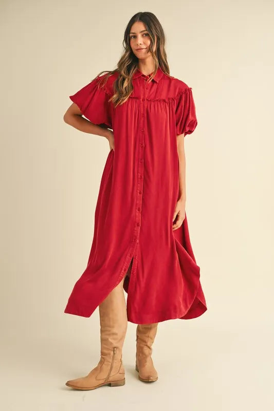 Annie Wear Mineral Washed Button Down Puff Sleeve Shirt Dress - Brittney MADE