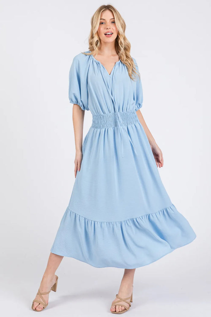 Ces Femme Smocked Elastic Waist Tie Neck Puff Sleeve Dress - Brittney MADE