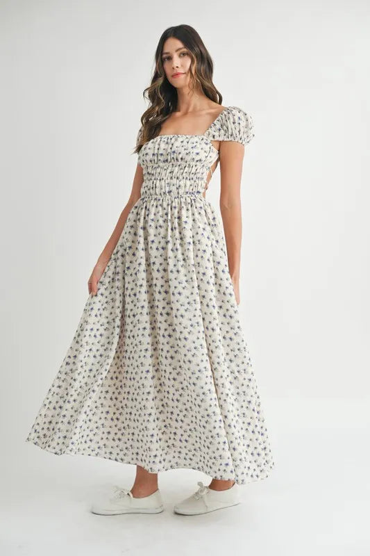 MABLE Floral Print Puff Sleeve Gathered Midi Dress - Brittney MADE