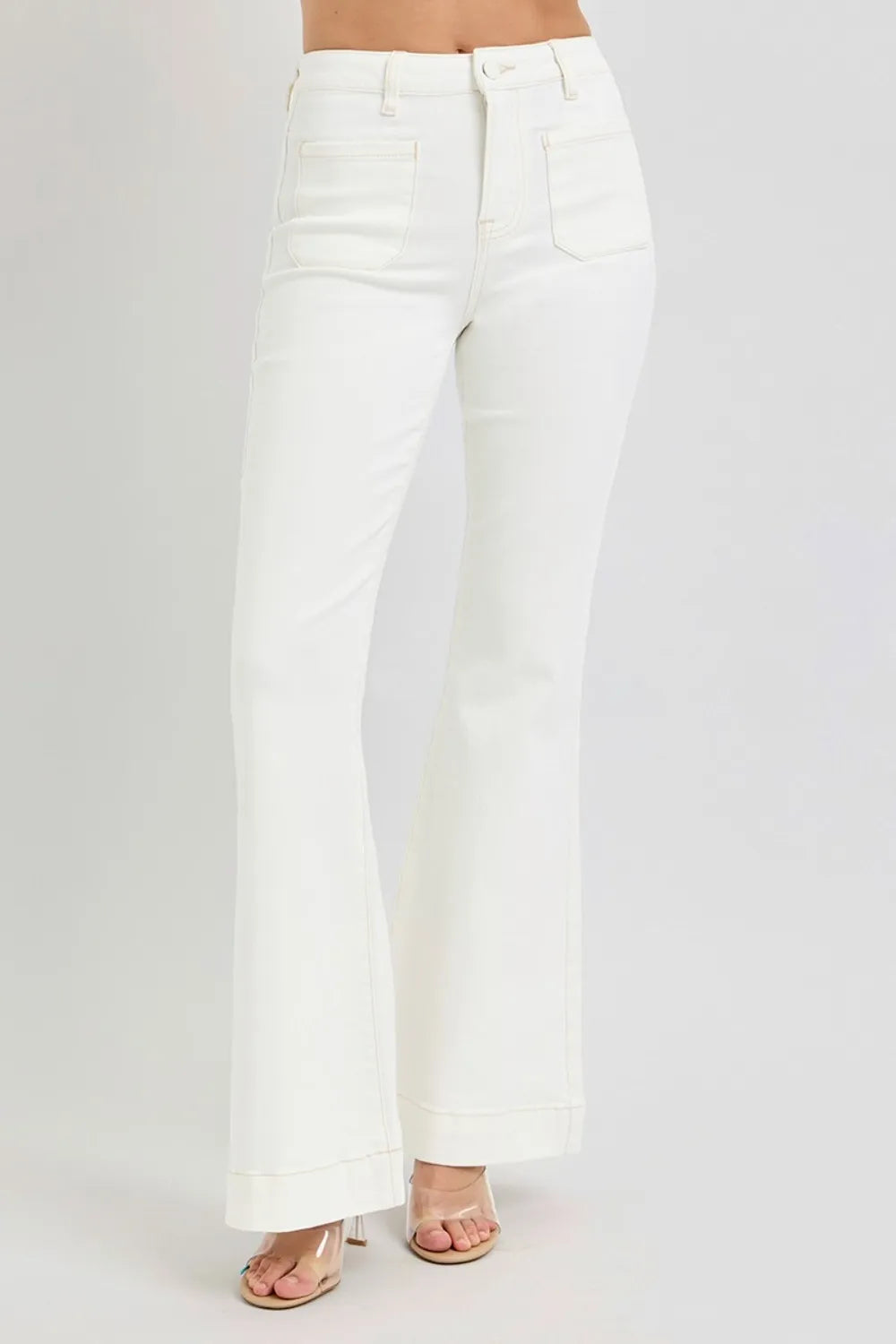 RISEN Full Size High Rise Front Patch Pocket Flare Jeans - Brittney MADE
