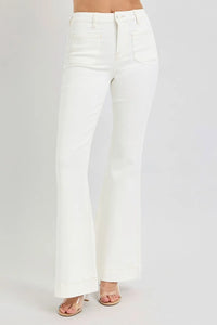 RISEN Full Size High Rise Front Patch Pocket Flare Jeans - Brittney MADE