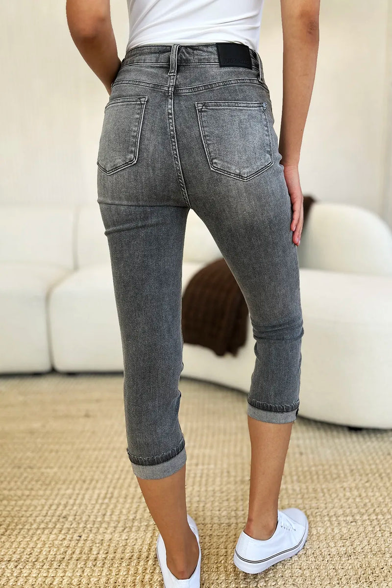 Judy Blue Full Size Button Fly High Waist Cuffed Capris - Brittney MADE